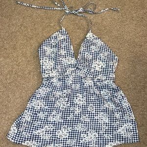 American Eagle, XS,  Blue floral/plaid halter babydoll top
